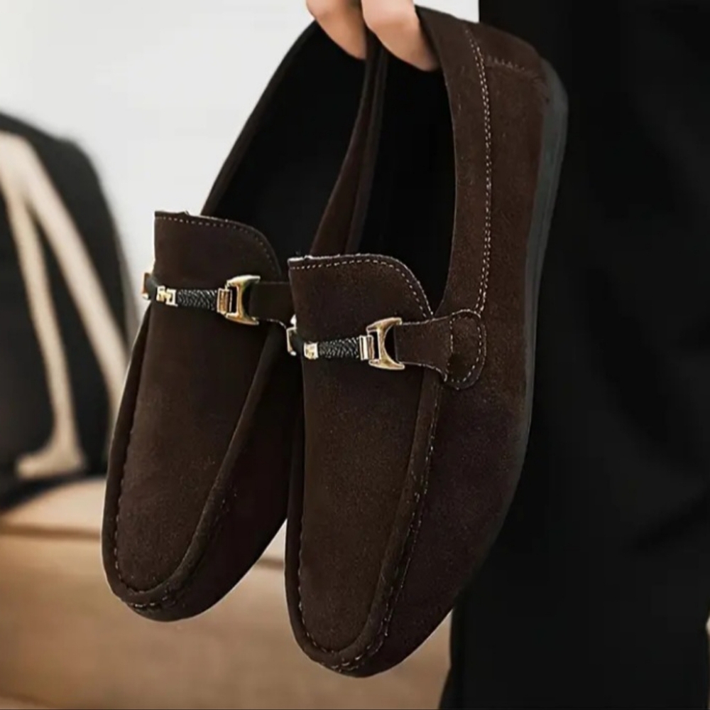 Men Brown Belted Velvet Moccasines Shoes